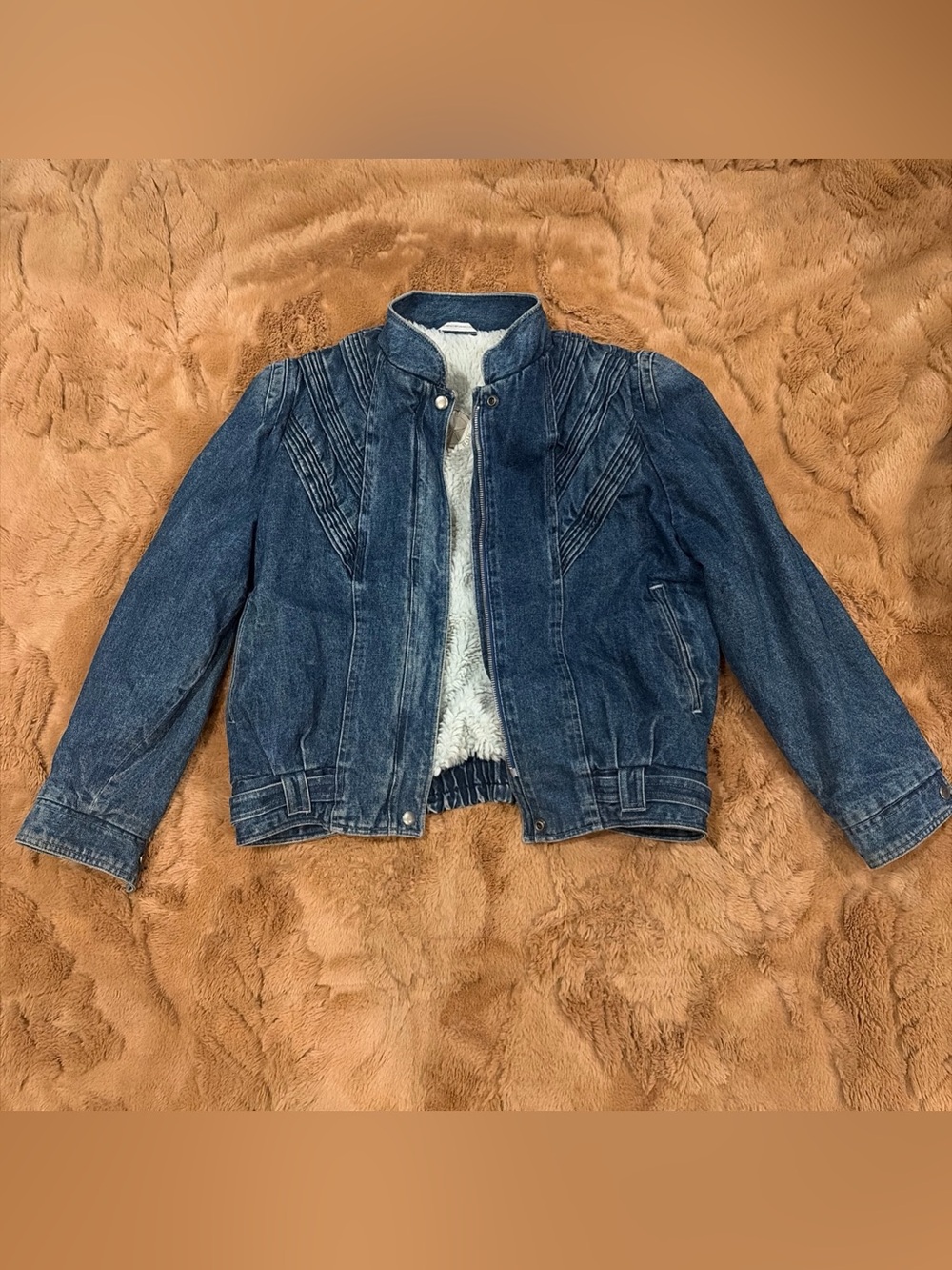Vintage 80s 90s Denim Sherpa Line Bomber Jacket AcidWash Grunge Military Pleat